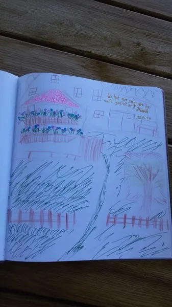 S Voit Erlebnisbauernhof, Gästebuch, Zeichnung vom Bauernhof, mit Feldern, Blumen, Baum und Zäunen